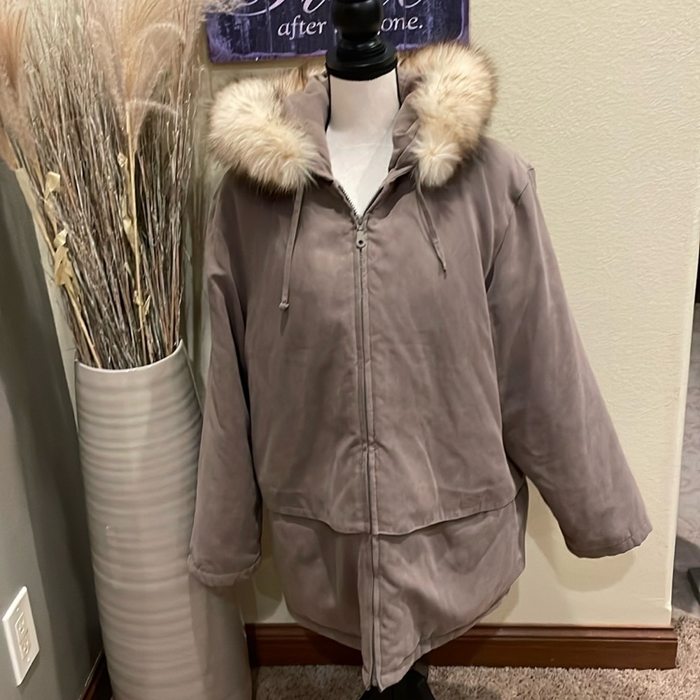 Vintage Coat Collectibles Fox Fur Hood Parka Coat Jacket Faux Suede Size L